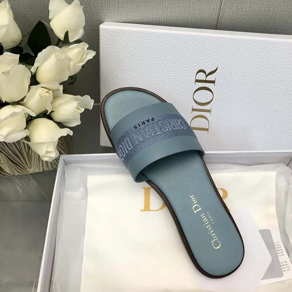 Dior Dway Slide Pastel Blue Calfskin and Embroidered Cotton for Women