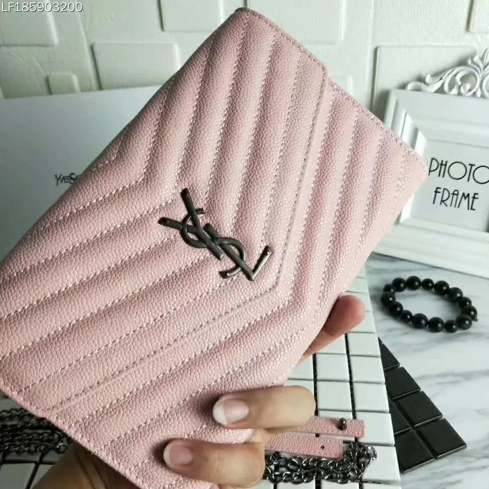 Saint Laurent YSL Medium Monogram Envelope Chain Wallet Silver Hardware in Pink Saint Laurent YSL Medium Monogram Envelope Chain Wallet Silver Hardware in Pink