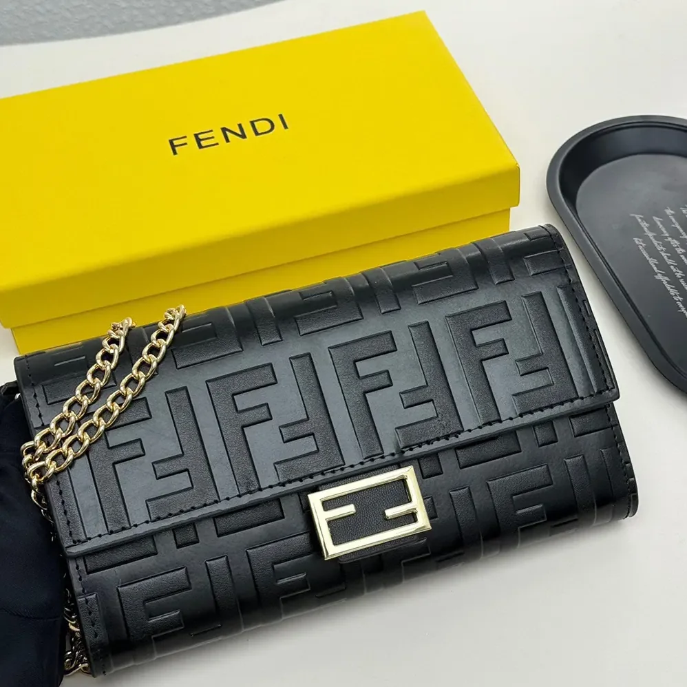 Fendi Baguette Continental Wallet With Chain Black Nappa Leather Wallet for Women