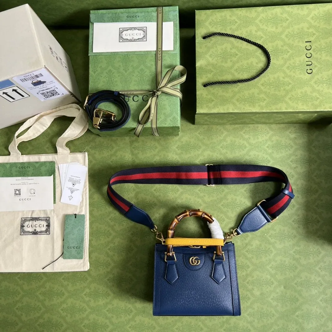 Gucci Diana Mini Top Handle Bag / Canvas Lining Blue Gold Hardware