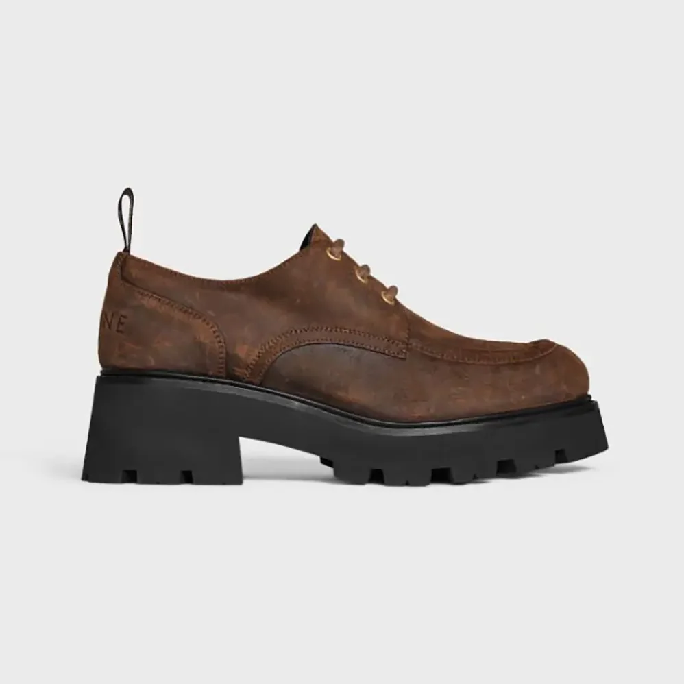 Celine Triomphe Derbies in Waxed Suede Calfskin for Women in Brown