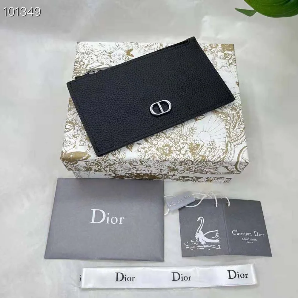 Dior Zipped Card Holder Black Grained Calfskin with CD Icon Signature for Men
