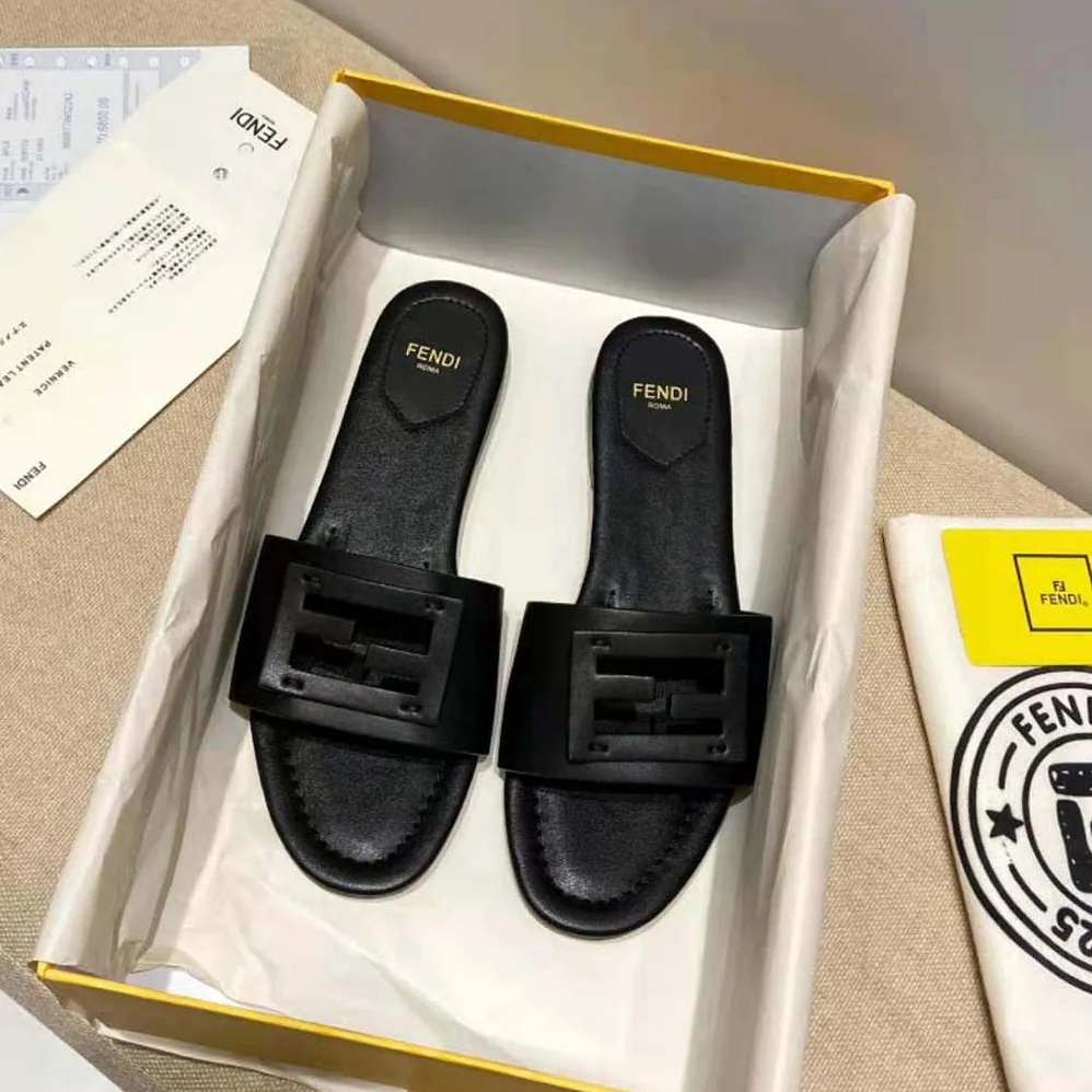 Fendi Signature Black Leather Slides in 0.4 inches Heel Height for Women