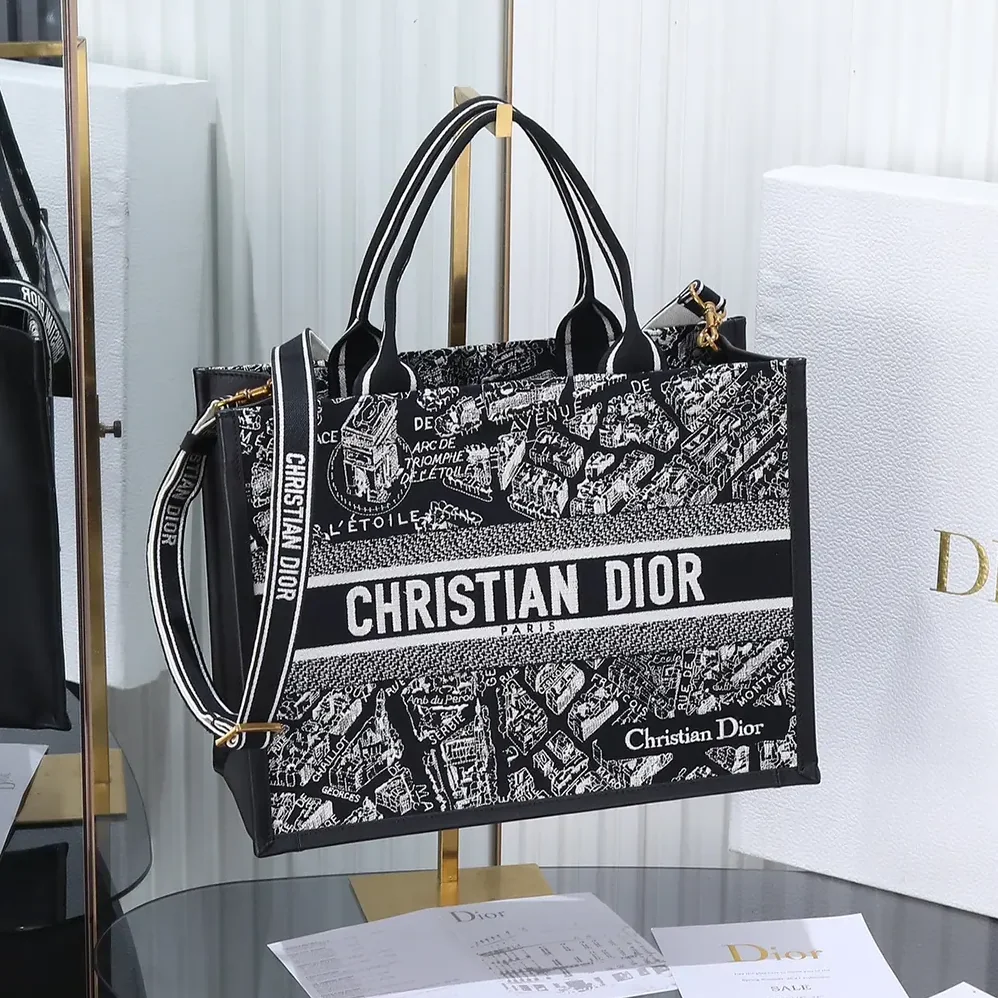 Dior Medium Dior Book Tote Black and White Plan de Paris Embroidery with Black Calfskin for Women Dior Medium Dior Book Tote Black and White Plan de Paris Embroidery with Black Calfskin for Women