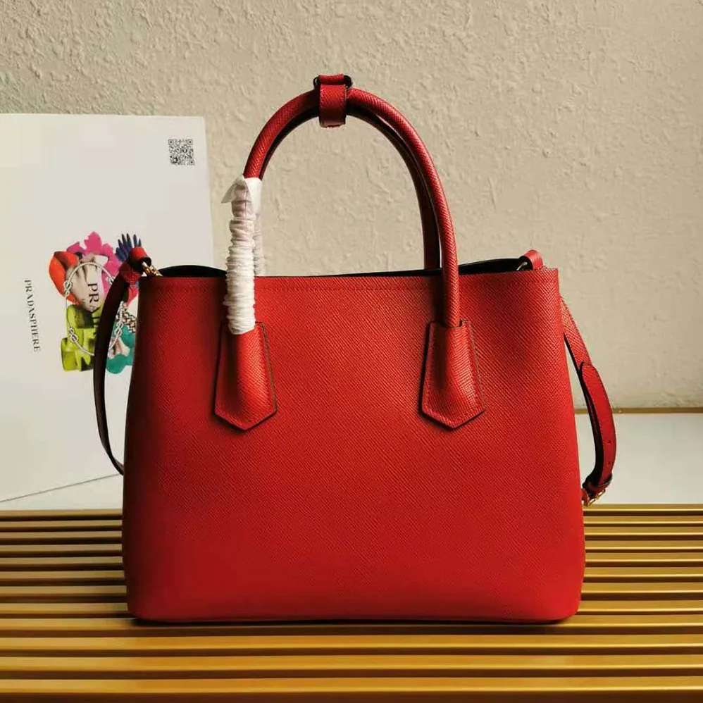 Prada Small Saffiano Leather Double Prada Bag for Women in Red