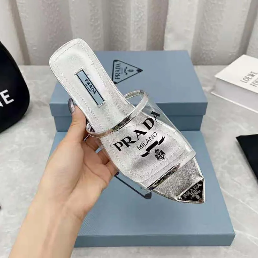 Prada Logo-Print Plexiglas Slides for Women in Silver Prada Logo-Print Plexiglas Slides for Women in Silver