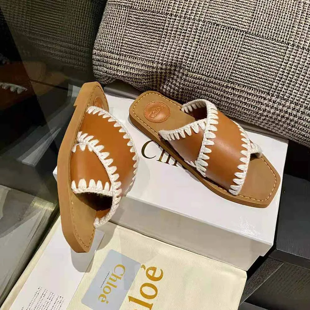 Chloe Woody Flat Slide for Women in Brown