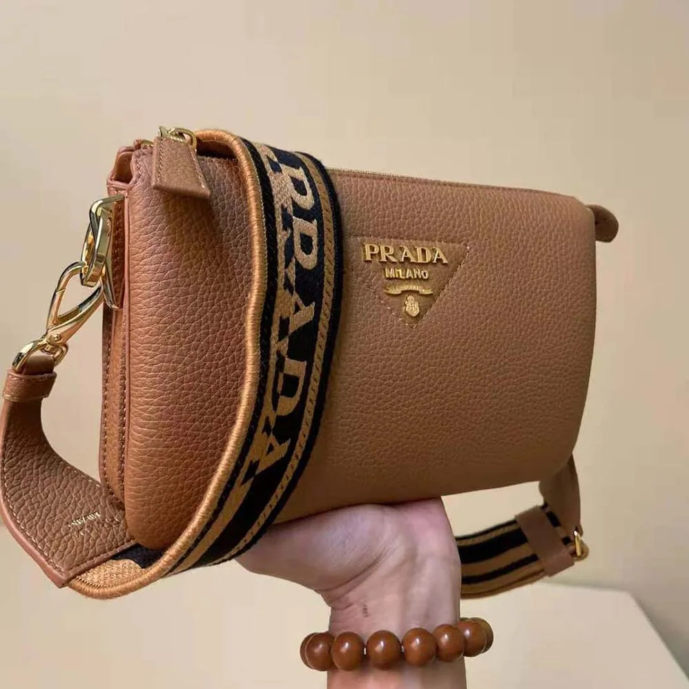 Prada Leather Shoulder Bag with Metal Lettering Logo for Women in Brown