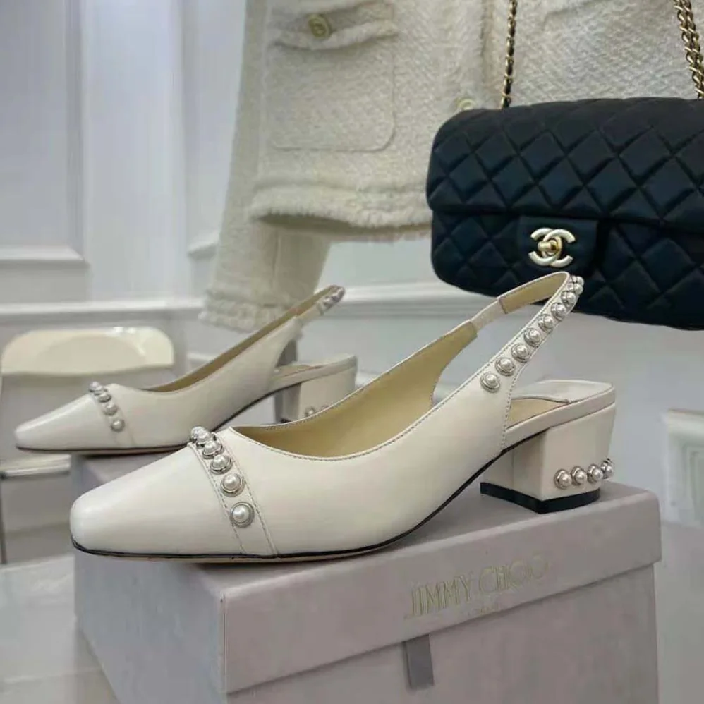 Jimmy Choo Hya 45 Latte Nappa Slingbacks with Pearl Studs for Women