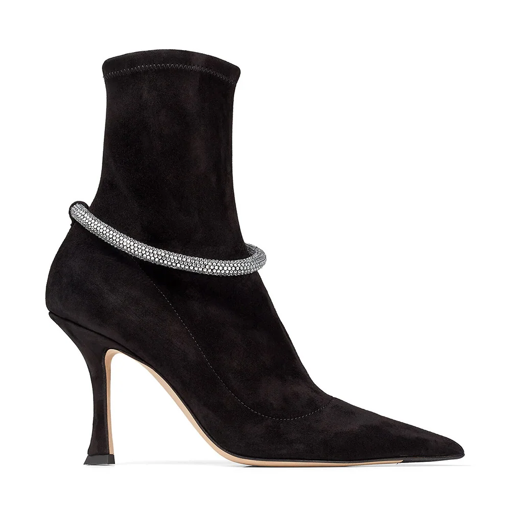Jimmy Choo Leroy 90 Black Suede Sock Boots with Crystal Embellishment for Women