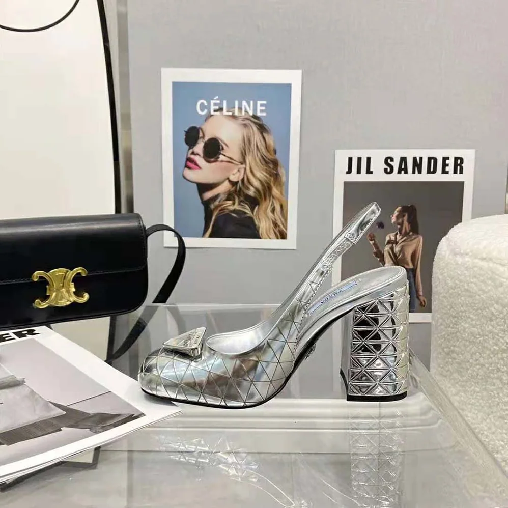 Prada Metallic Leather Slingback Pumps for Women in Silver Prada Metallic Leather Slingback Pumps for Women in Silver
