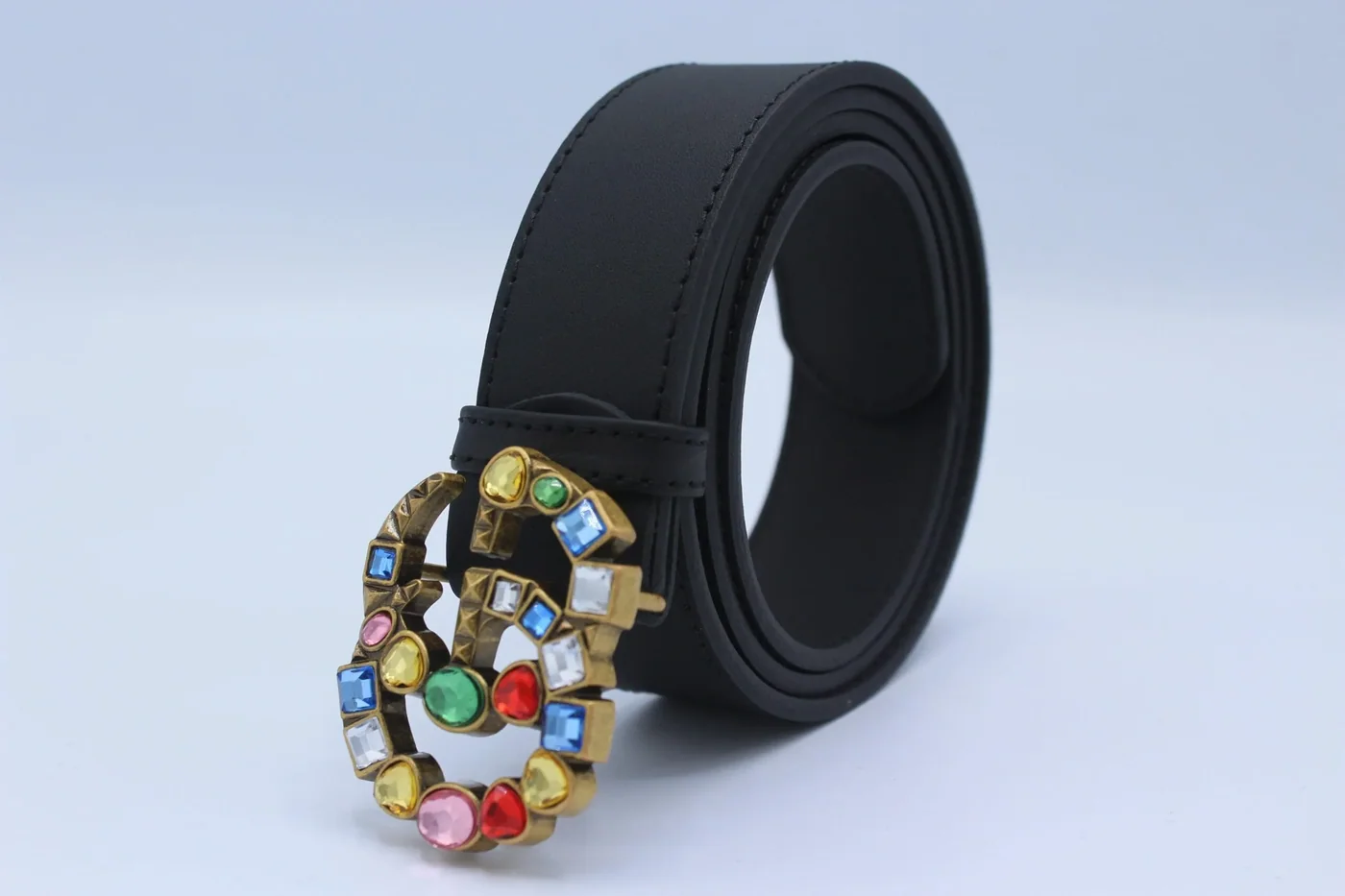Leather belt with crystal Double G buckle