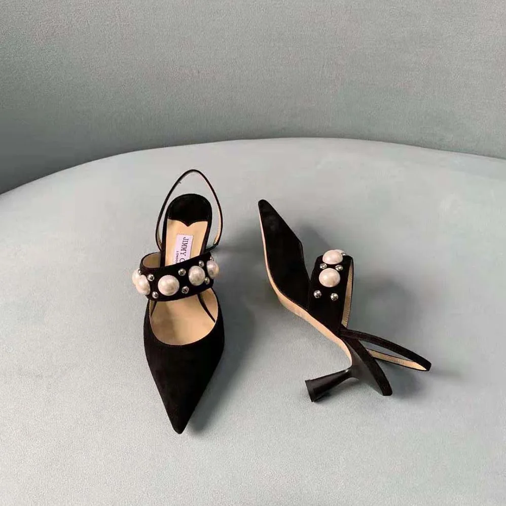 Jimmy Choo Breslin 100 Black Suede Slingbacks with Pearl and Stud Embellishment for Women