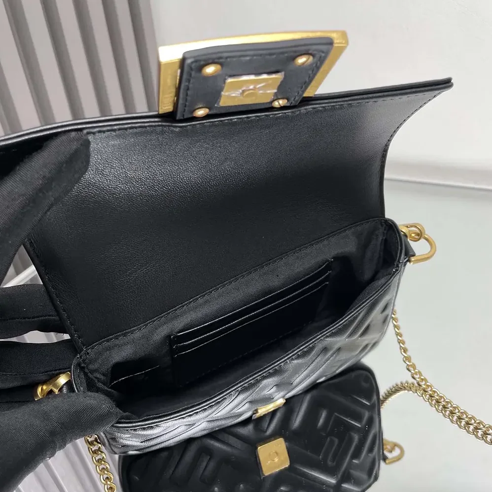 Fendi Baguette Mini Black Nappa Leather Bag with FF Motif for Women Fendi Baguette Mini Black Nappa Leather Bag with FF Motif for Women