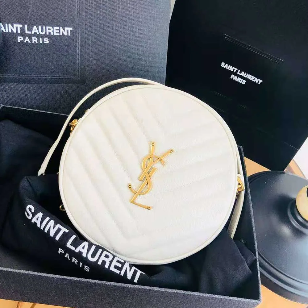 Saint Laurent YSL Vinyle Round Camera Bag in Chevron-Quilted Grain de Poudre Embossed Leather for Women in White