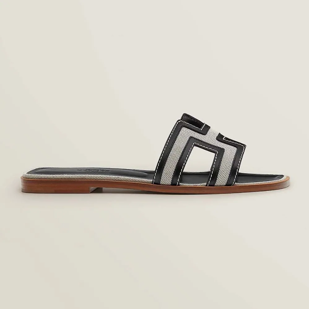 Hermes Oran Sandal in Calfskin and H Canvas with Iconic H Cut-Out for Women in Black