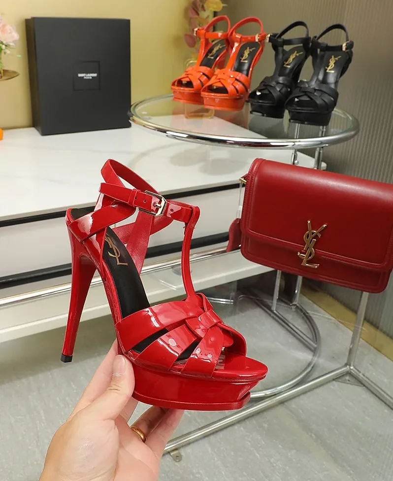Saint Laurent Tribute Platform Sandals In Patent Brown
