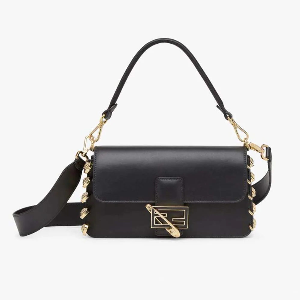 Fendi Baguette Brooch Fendace Black Leather Bag for Women
