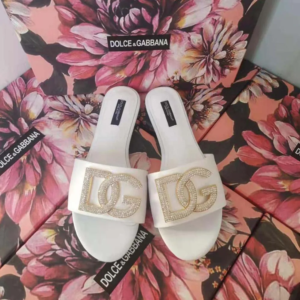 Dolce Gabbana D&G Calfskin Slides with DG Logo for Women in White