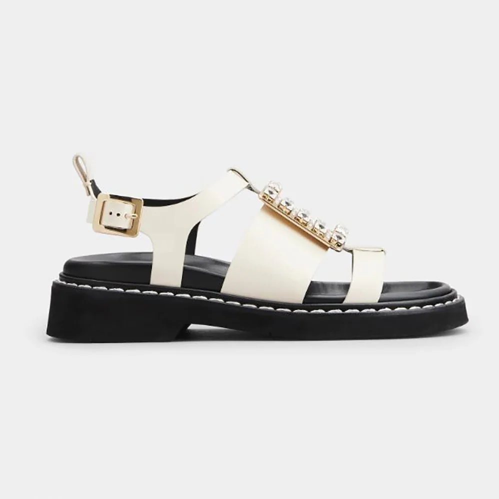 Roger Vivier Viv' Rangers Strass Buckle Sandals in Leather for Women in White