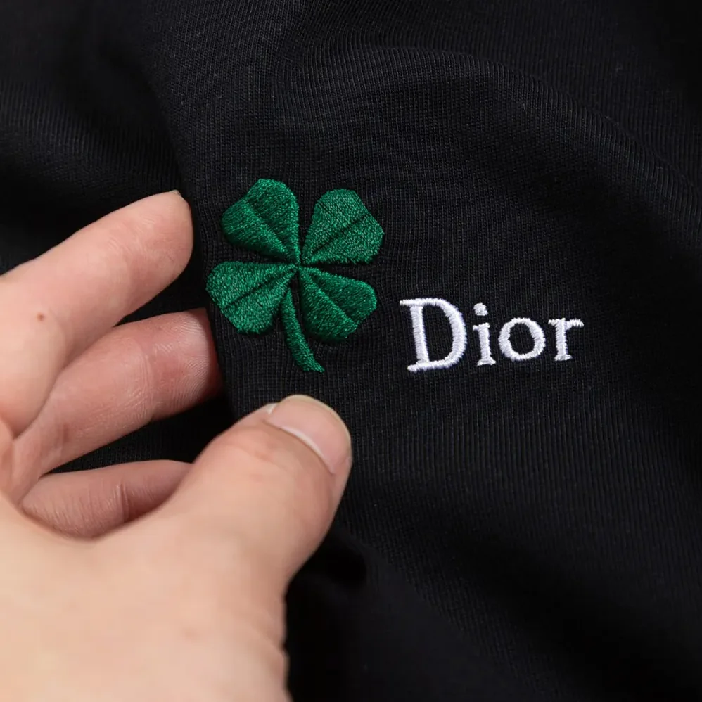 Dior T-Shirt with Dior Clover Embroidery Regular Fit Black Cotton Jersey for Men