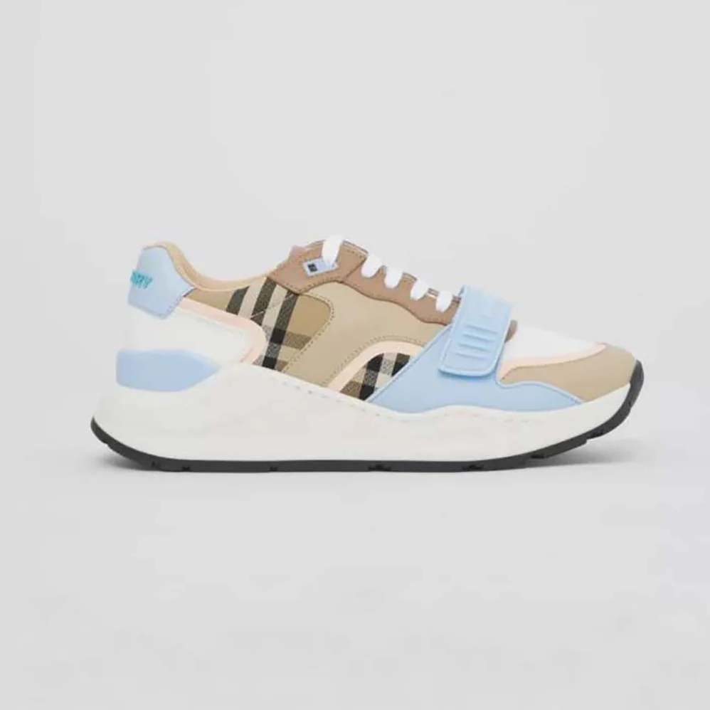 Burberry Check Cotton Canvas and Leather Sneakers for Women in Blue Burberry Check Cotton Canvas and Leather Sneakers for Women in Blue