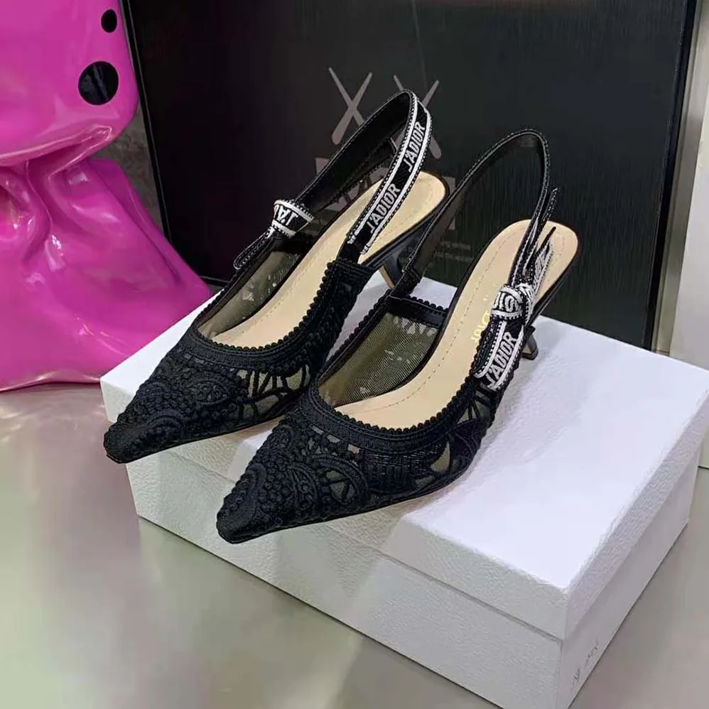 Dior J Sdior Slingback Pump Black Macramé Embroidered Cotton for Women Dior J Sdior Slingback Pump Black Macramé Embroidered Cotton for Women