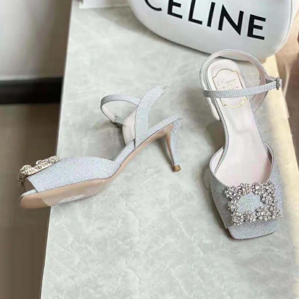 Roger Vivier Flower Strass Buckle Sandals in Satin for Women in Silver Roger Vivier Flower Strass Buckle Sandals in Satin for Women in Silver
