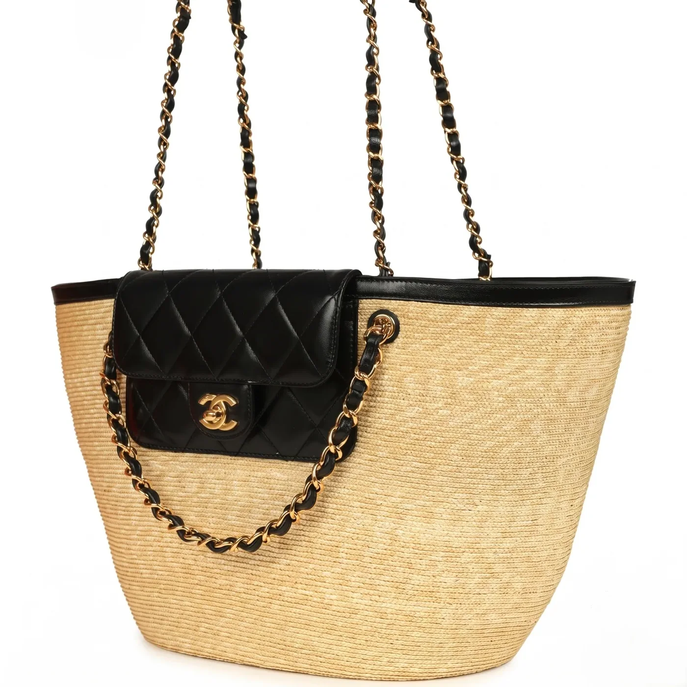 Chanel Coco Beach Large Shopping Tote Bag in Beige/ Black Gold Hardware