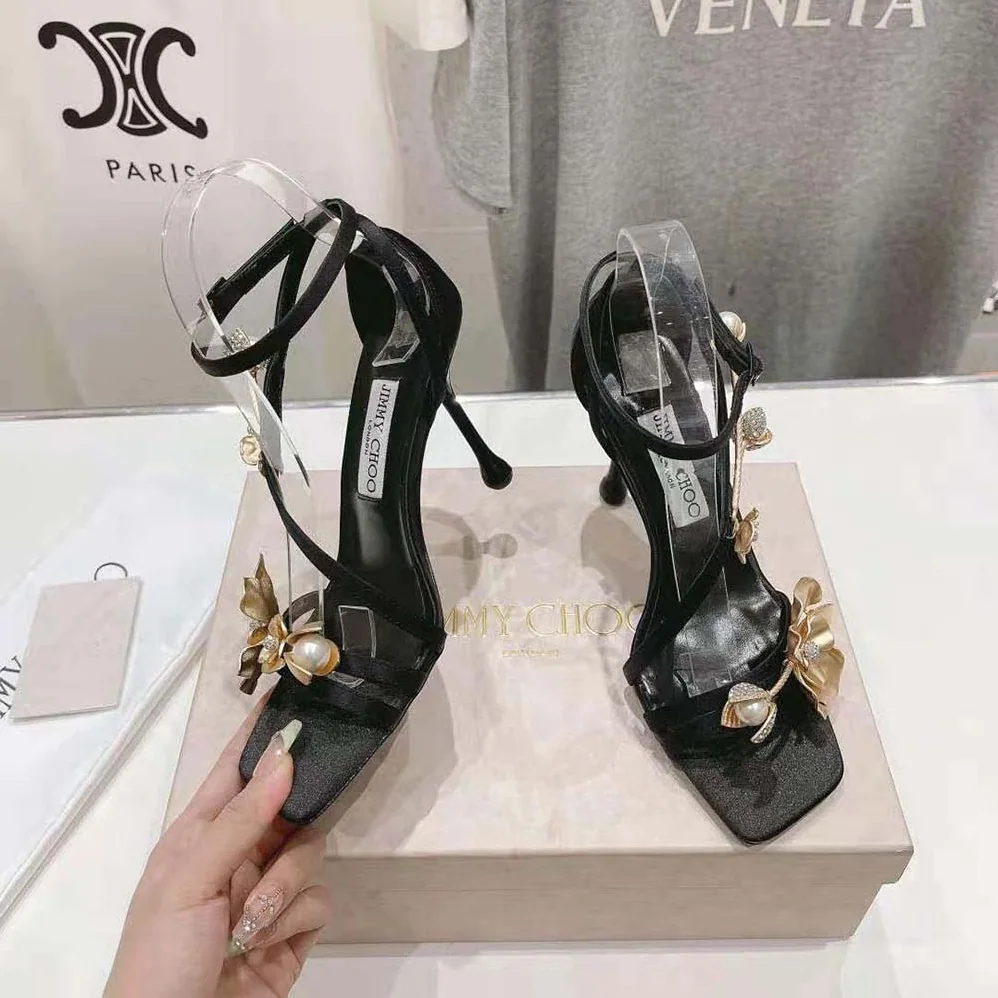 Jimmy Choo Zea 95 Black Satin Sandals with Metal Flowers-ZEA95BGU for Women Jimmy Choo Zea 95 Black Satin Sandals with Metal Flowers-ZEA95BGU for Women