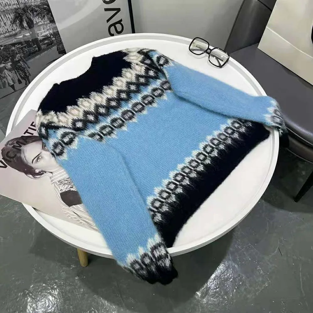 Celine Brushed Wool Crew-Neck Sweater with Fair Isle Detail for Women Celine Brushed Wool Crew-Neck Sweater with Fair Isle Detail for Women