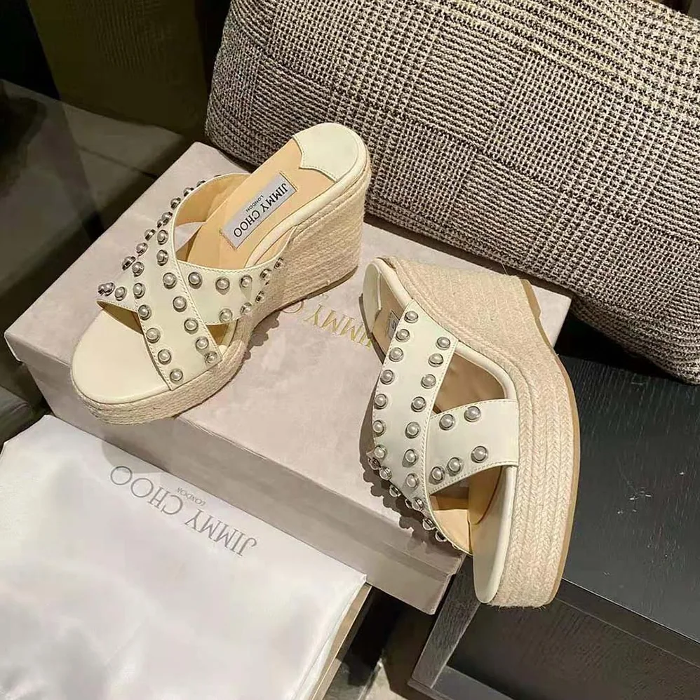 Jimmy Choo Dovina 100 Latte Nappa Wedges with Pearls for Women Jimmy Choo Dovina 100 Latte Nappa Wedges with Pearls for Women