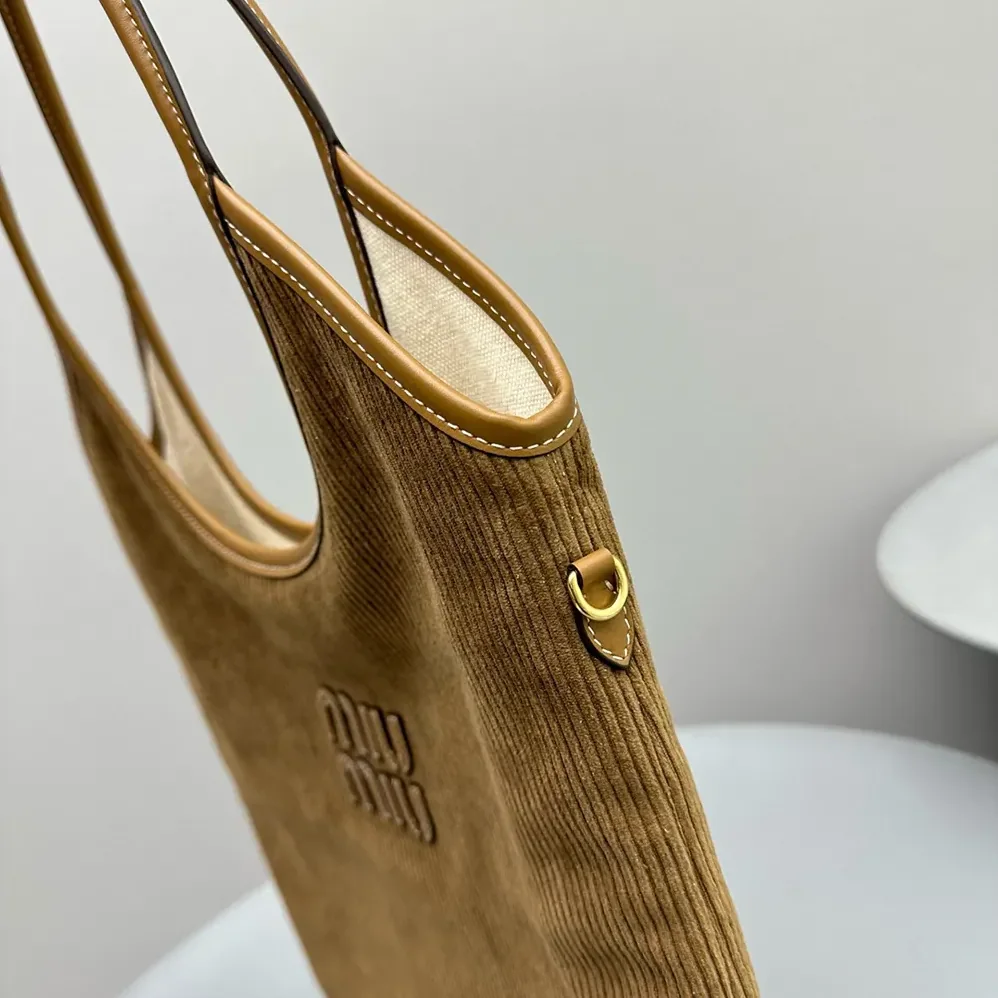 Miu Miu IVY Corduroy Bag with Leather Lettering Logo for Women in Brown Miu Miu IVY Corduroy Bag with Leather Lettering Logo for Women in Brown