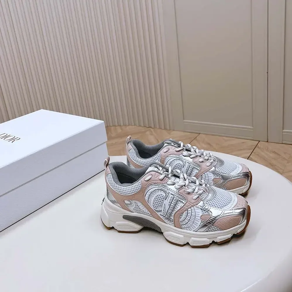 Dior Chrono Sneaker White Mesh with Nude and Silver-Tone Laminated Leather for Women in Effect Panels