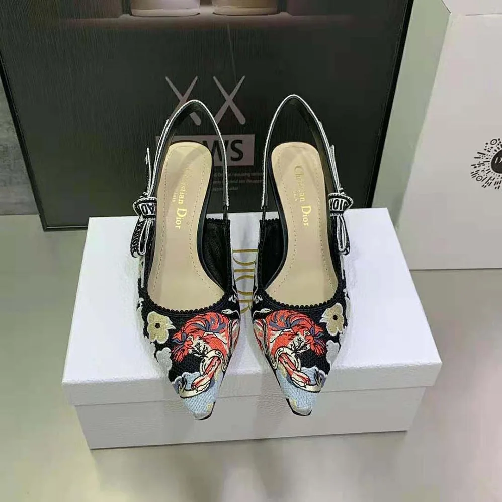 Dior J'adior Slingback Pump Black Multicolor Embroidered Cotton with Toile de Jouy Pop Motif for Women