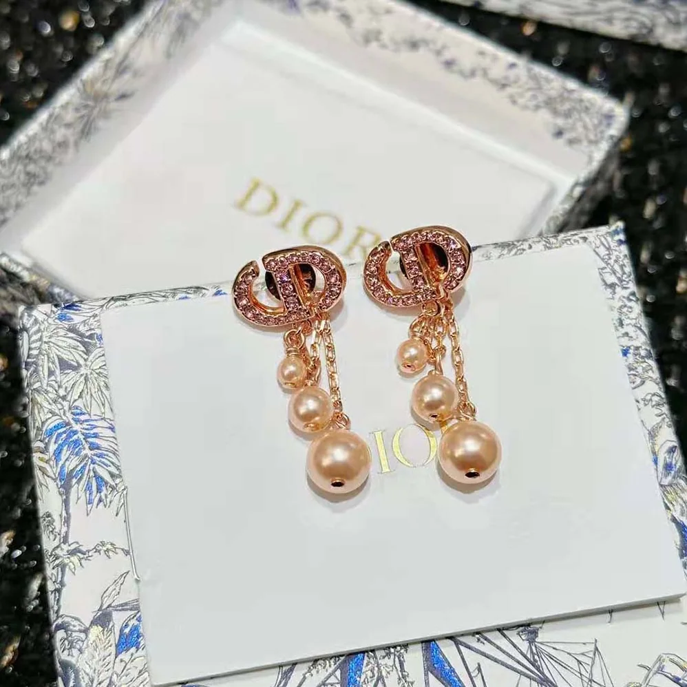Dior CD Navy Earrings Pink-Finish Metal with Pink Resin Pearls and Crystals for Women Dior CD Navy Earrings Pink-Finish Metal with Pink Resin Pearls and Crystals for Women