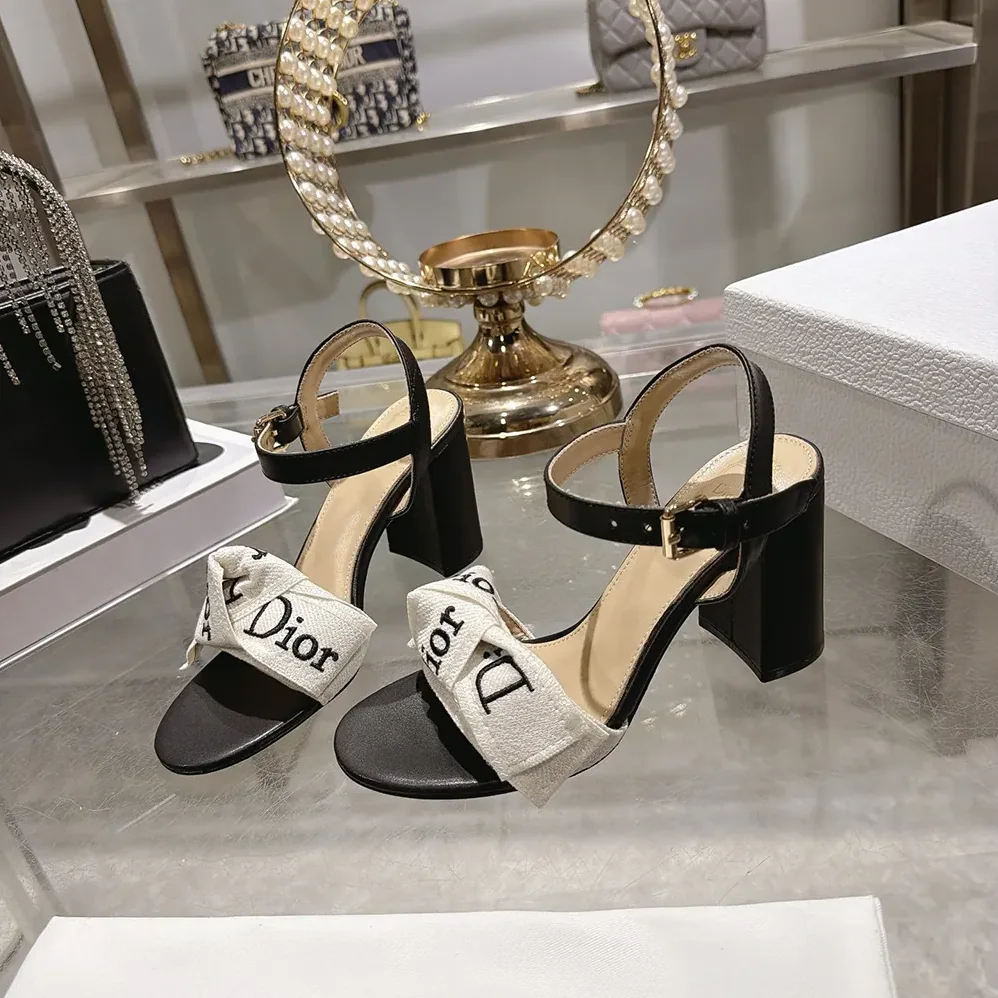 Dior J'Adior Heeled Sandal Embroidered Cotton and Black Lambskin for Women Dior J'Adior Heeled Sandal Embroidered Cotton and Black Lambskin for Women