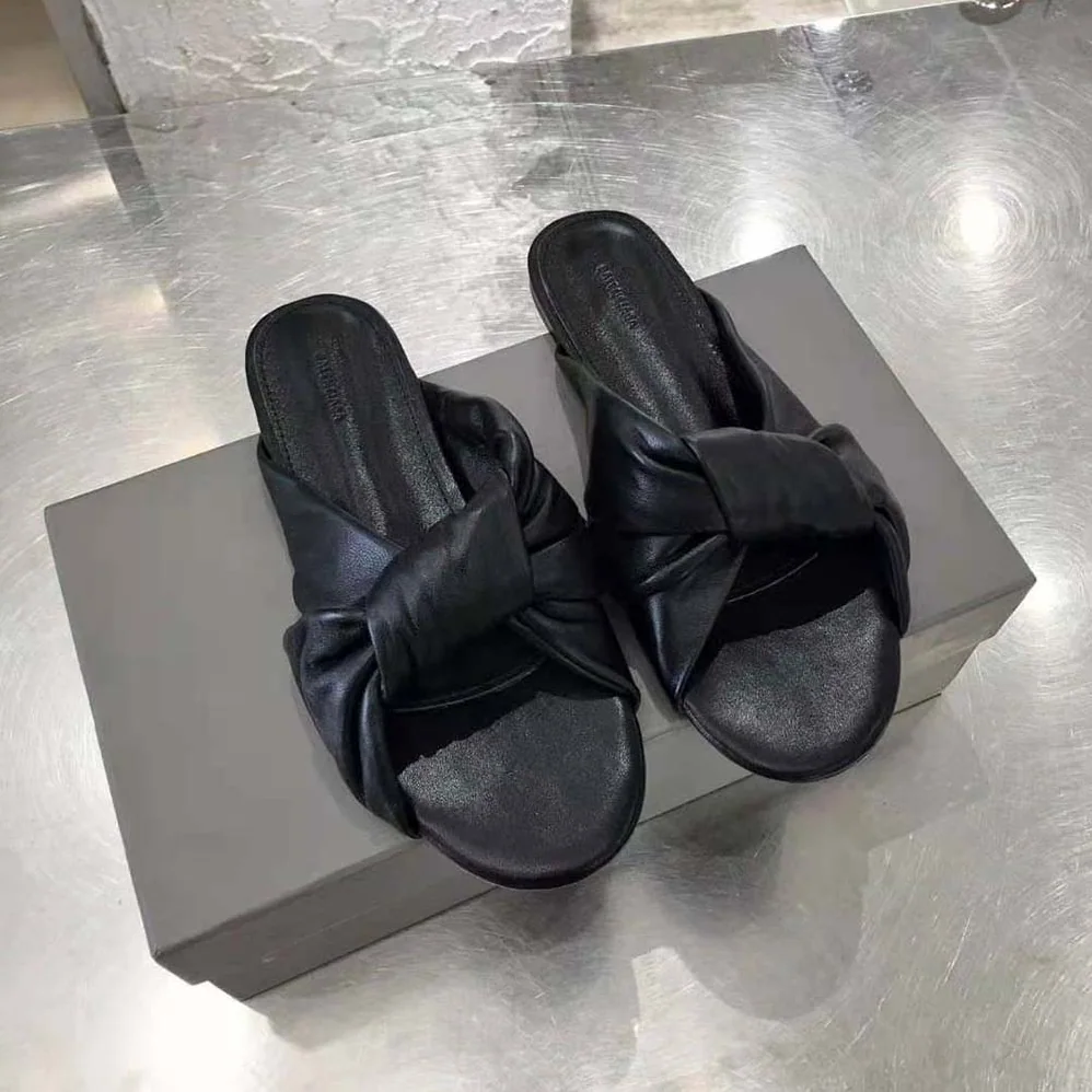 Balenciaga Drapy Flat Sandal in Black Smooth Nappa Lambskin for Women