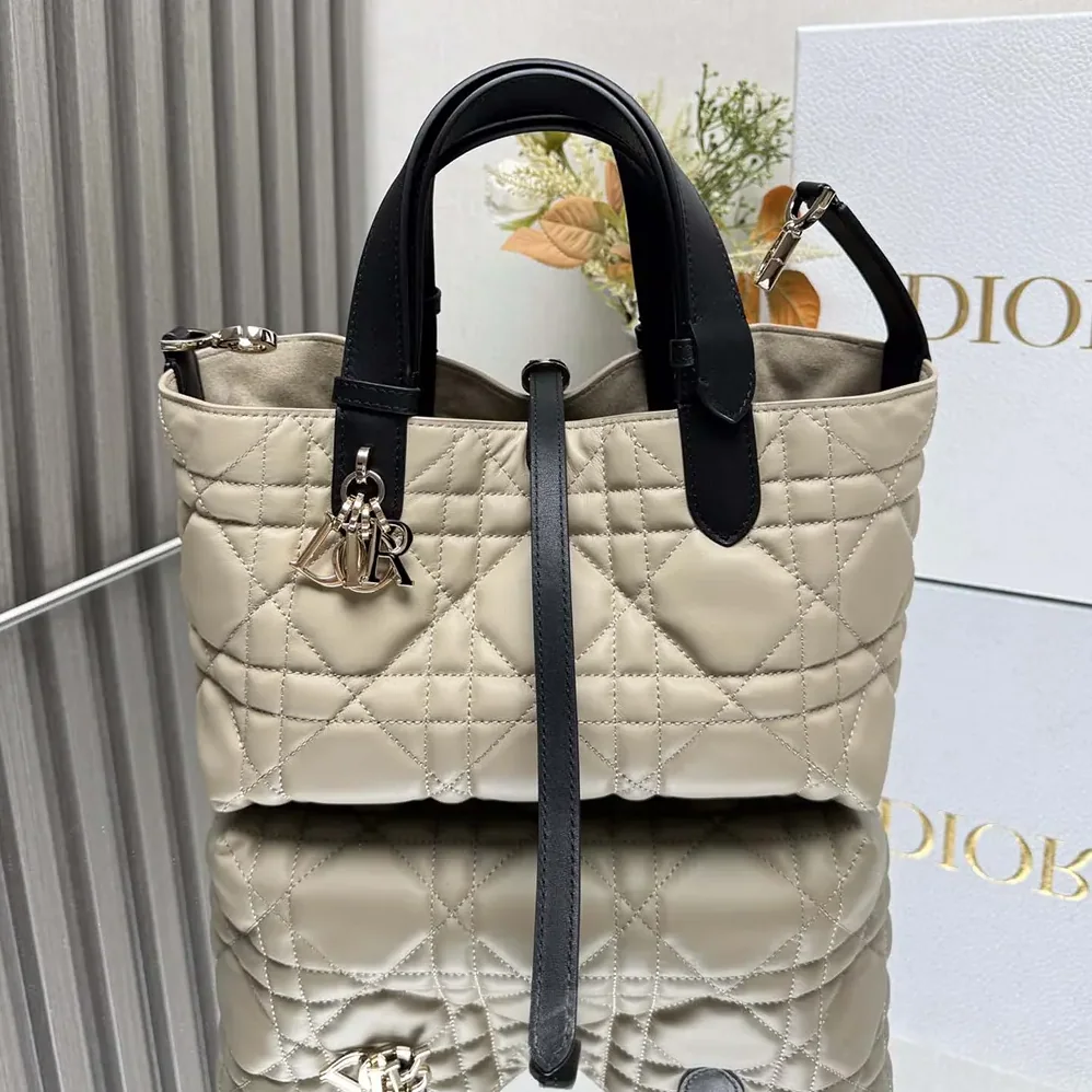 Dior Small Dior Toujours Bag Rope Beige and Black Macrocannage Calfskin for Women