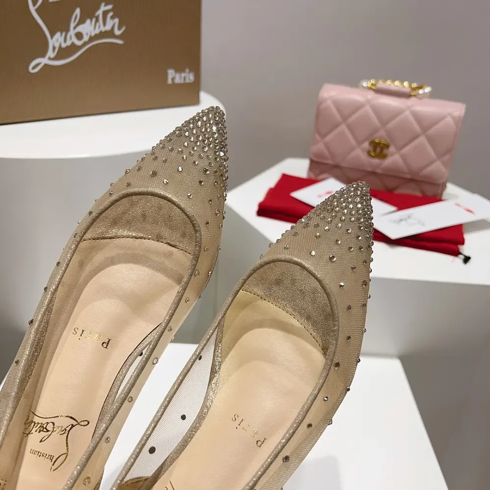Christian Louboutin Follies Strass Ballerinas Mesh and Suede for Women in Beige Christian Louboutin Follies Strass Ballerinas Mesh and Suede for Women in Beige