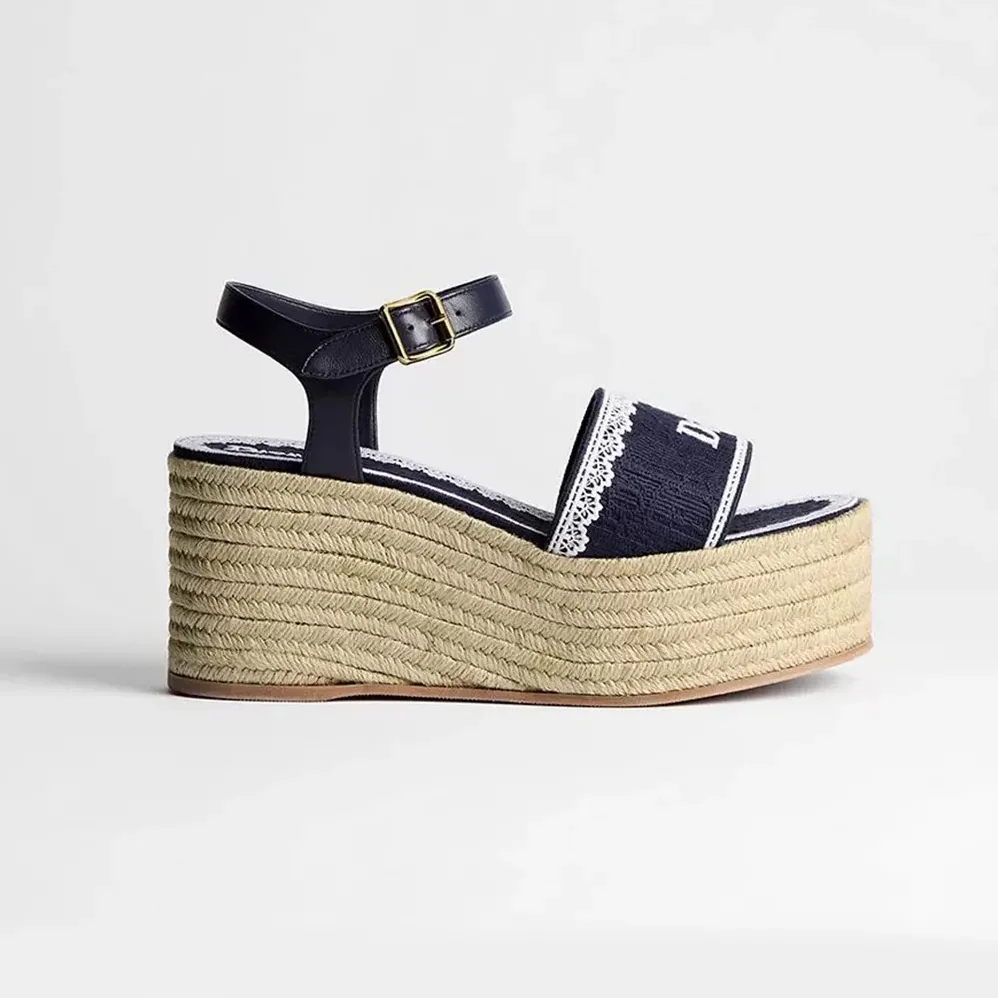 Dior Dentelle Wedge Sandal Navy Blue Dior Oblique Embroidered Cotton and White Lace for Women Dior Dentelle Wedge Sandal Navy Blue Dior Oblique Embroidered Cotton and White Lace for Women