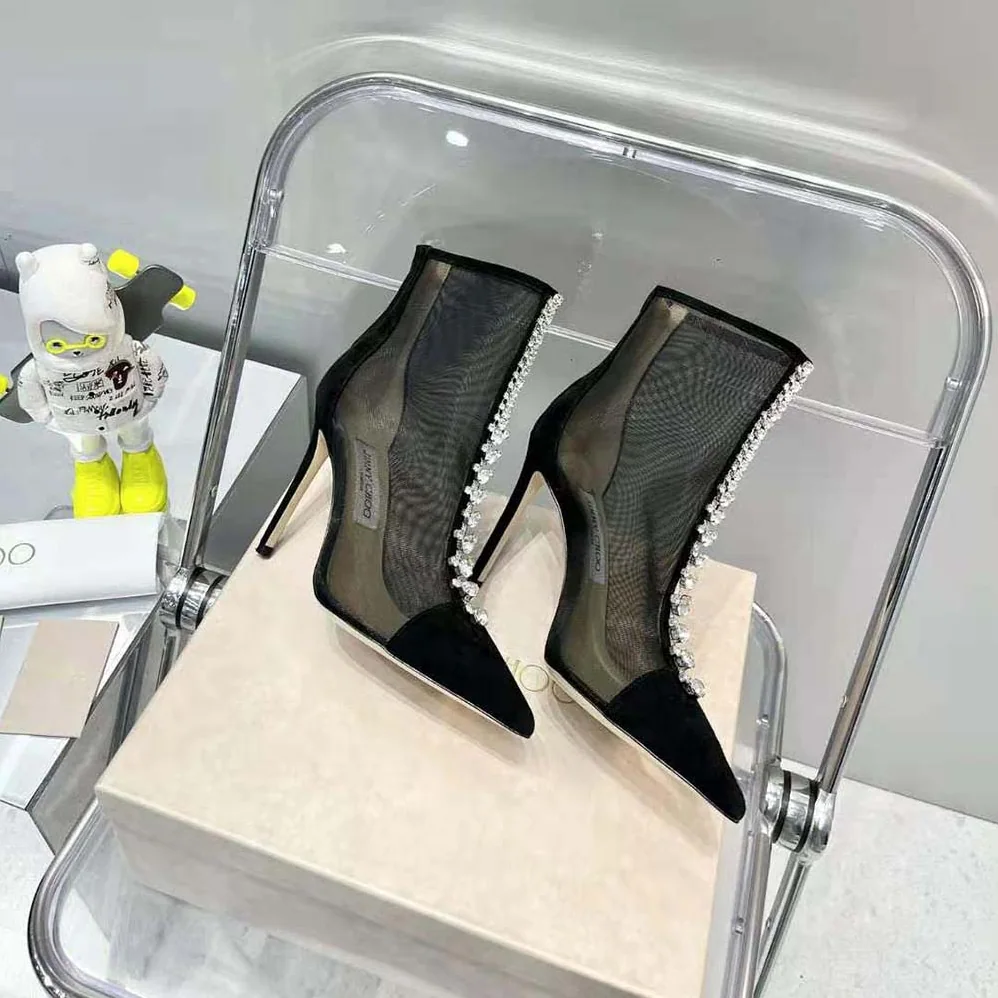 Jimmy Choo Bing Boot 100 Black Suede and Mesh Ankle Boots with Crystal Embellishment for Women