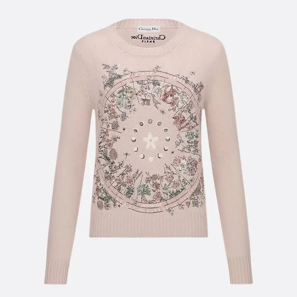 Dior Embroidered Sweater Cashmere Knit with Pink Dior Astral Flowers Motif for Women Dior Embroidered Sweater Cashmere Knit with Pink Dior Astral Flowers Motif for Women