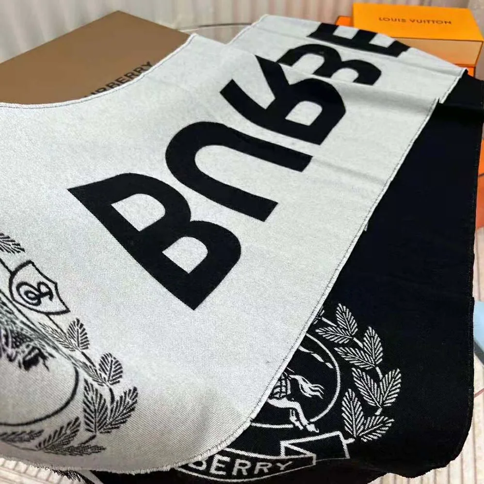 Burberry Logo and EKD Wool Silk Jacquard Scarf for Women in Black Burberry Logo and EKD Wool Silk Jacquard Scarf for Women in Black