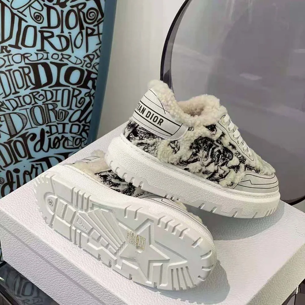 Dior Addict Sneaker Blue Toile de Jouy Embroidered Natural Shearling for Women