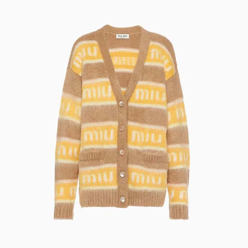 Miu Miu Oversized Mohair Cardigan with Intarsia Logo for Women in Yellow