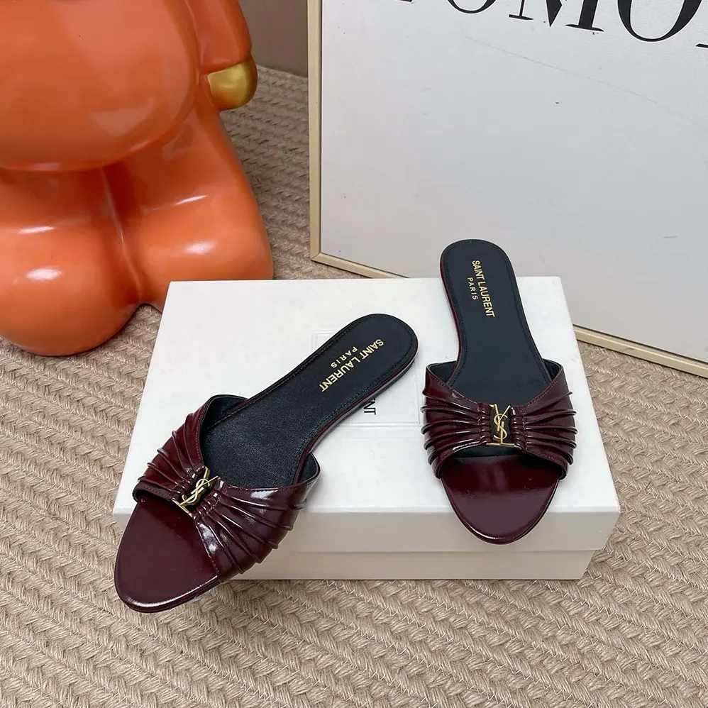 Saint Laurent YSL Babylone Slides In Smooth Leather Bordeaux for Women