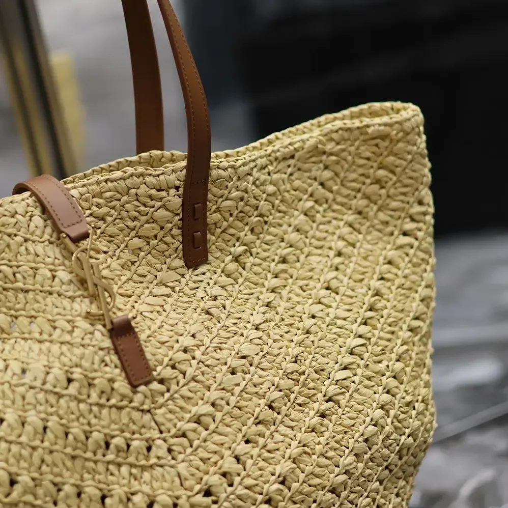 Saint Laurent YSL Panier Medium in Raffia and Vegetable for Women in tanned Leather Saint Laurent YSL Panier Medium in Raffia and Vegetable for Women in tanned Leather