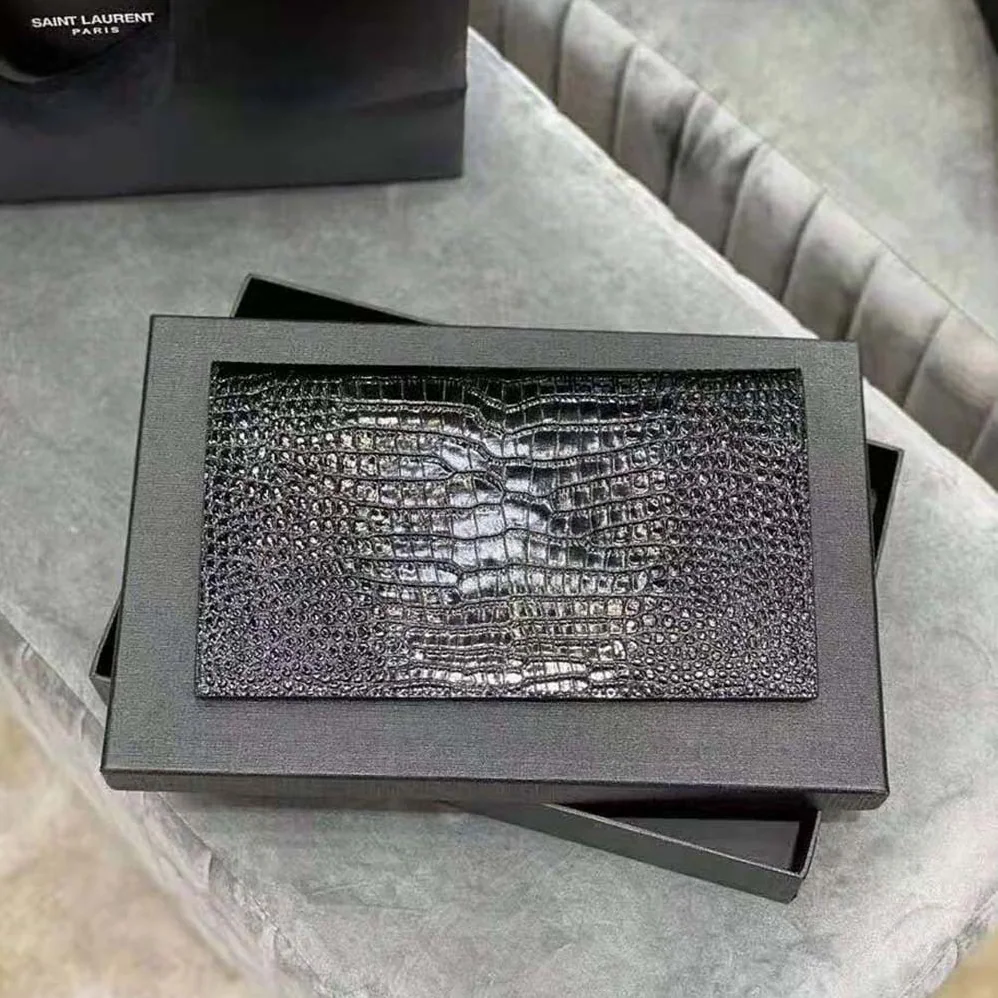 Saint Laurent YSL Uptown Pouch in Crocodile Embossed Shiny Leather for Women in Silver