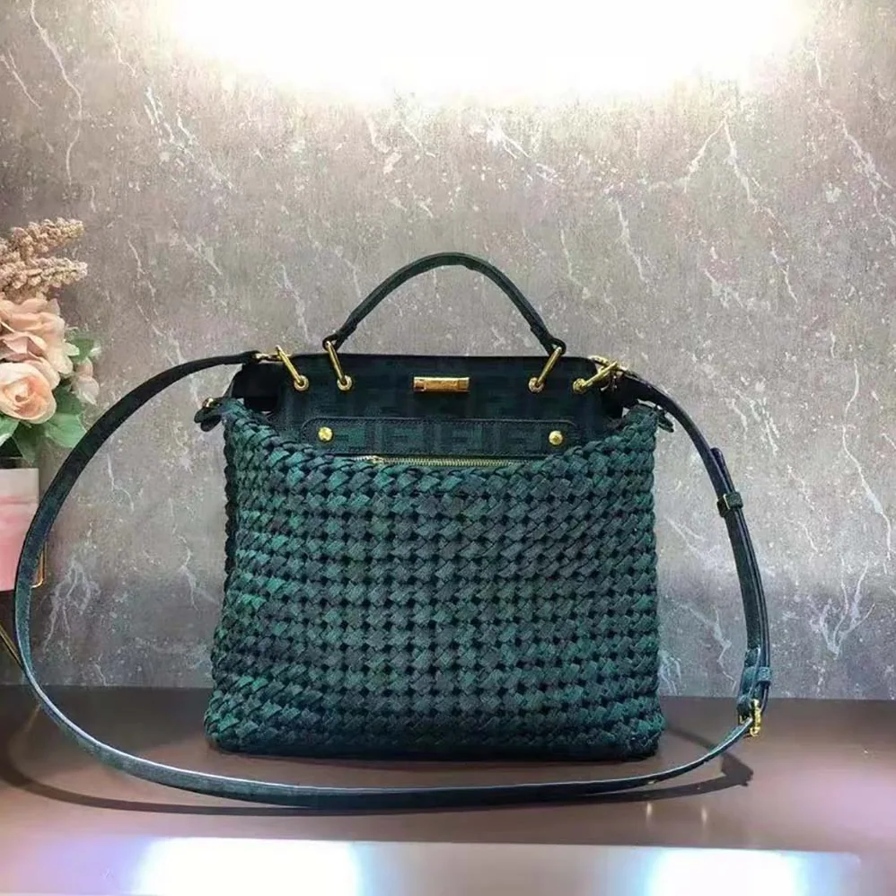 Fendi Peekaboo Iconic Medium Jacquard Fabric Interlace Bag for Women in Dark Green